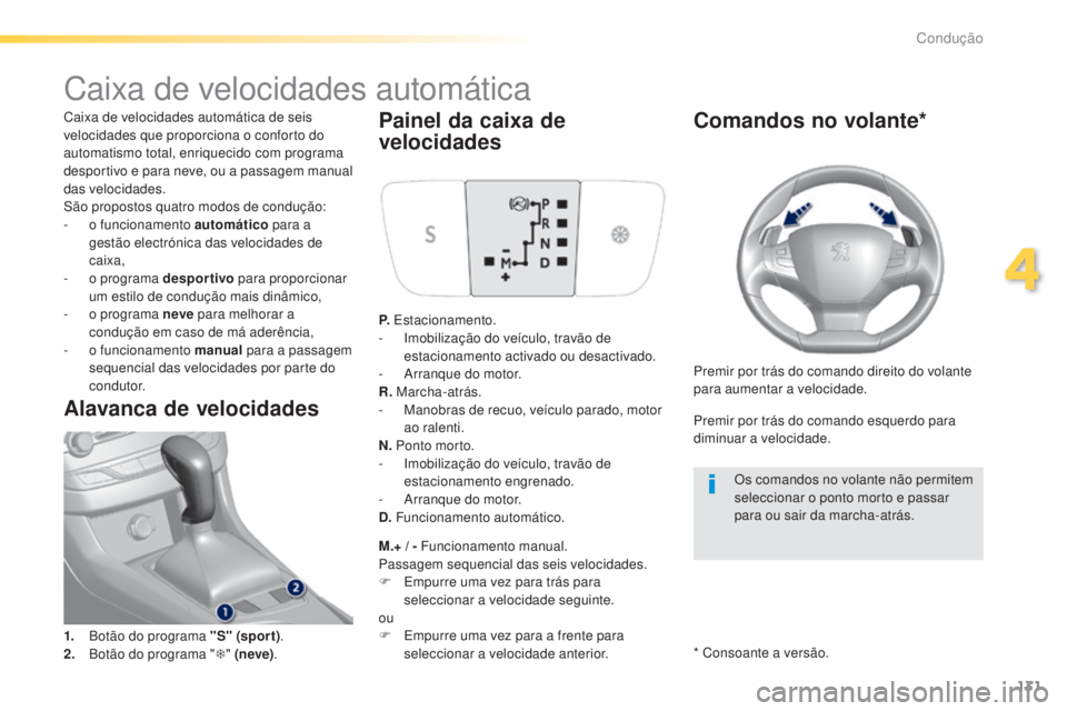 Peugeot 308 2015 Manual do proprietário (in Portuguese) 131
308_pt_Chap04_conduite_ed01-2015
Caixa de velocidades automática
Caixa de velocidades automática de seis
velocidades que proporciona o conforto do
automatismo total, enriquecido com programa
Peugeot 308 2015 Manual do proprietário (in Portuguese) 131
308_pt_Chap04_conduite_ed01-2015
Caixa de velocidades automática
Caixa de velocidades automática de seis
velocidades que proporciona o conforto do
automatismo total, enriquecido com programa