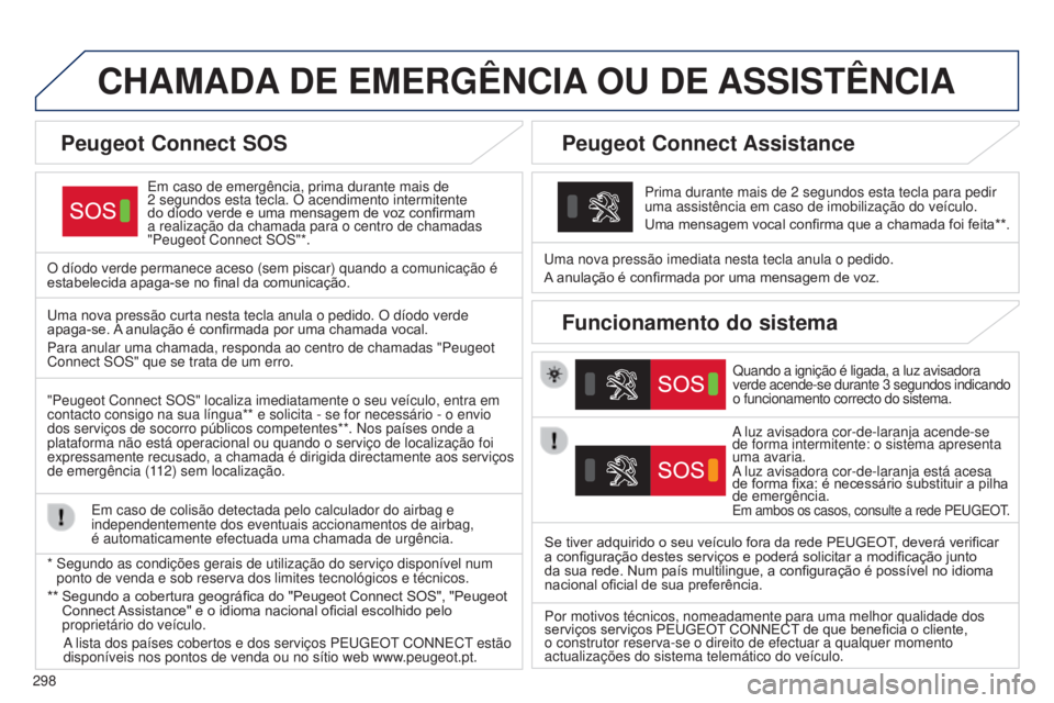 Peugeot 308 2015 Manual do proprietário (in Portuguese) 298
CHAMADA DE EMERG ê NCIA OU DE ASSIST ê NCIA
Em caso de emergência, prima durante mais de
2
segundos esta tecla. O acendimento intermitente
do díodo verde e uma mensagem de voz confir Peugeot 308 2015 Manual do proprietário (in Portuguese) 298
CHAMADA DE EMERG ê NCIA OU DE ASSIST ê NCIA
Em caso de emergência, prima durante mais de
2
segundos esta tecla. O acendimento intermitente
do díodo verde e uma mensagem de voz confir