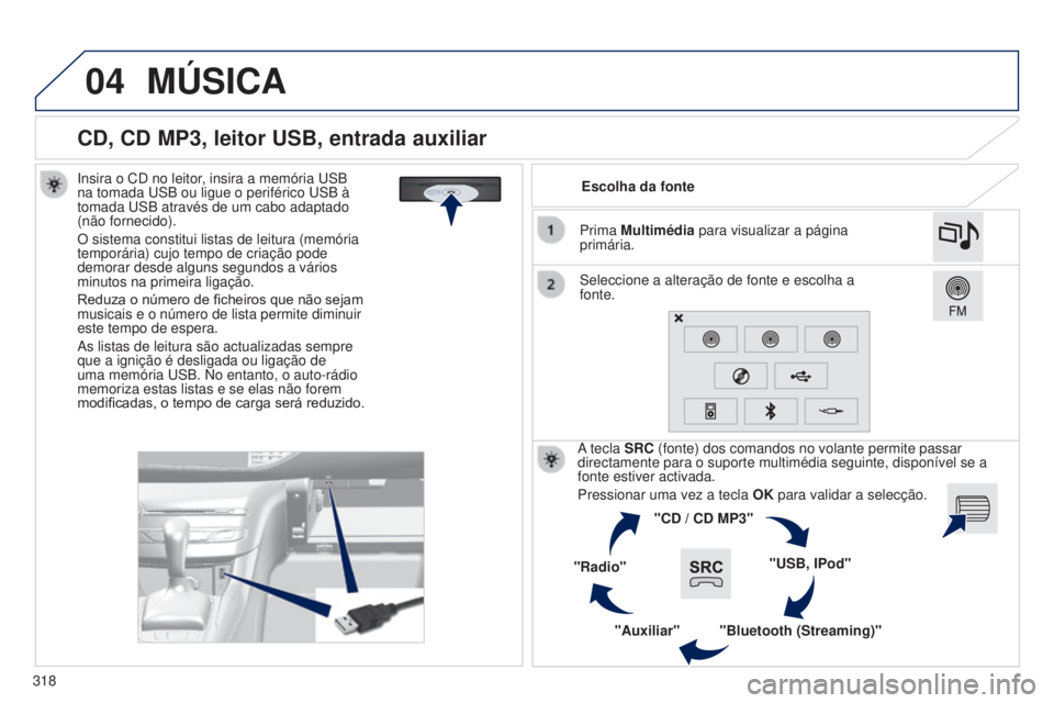 Peugeot 308 2015 Manual do proprietário (in Portuguese) 04
318
CD, CD MP3, leitor USB, entrada auxiliar
Insira o CD no leitor, insira a memória USB
na tomada USB ou ligue o periférico USB à
tomada USB através de um cabo adaptado
(não fornecido).
O Peugeot 308 2015 Manual do proprietário (in Portuguese) 04
318
CD, CD MP3, leitor USB, entrada auxiliar
Insira o CD no leitor, insira a memória USB
na tomada USB ou ligue o periférico USB à
tomada USB através de um cabo adaptado
(não fornecido).
O