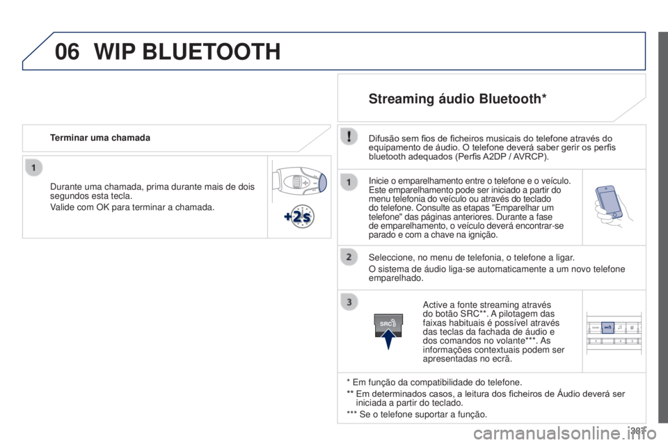 Peugeot 308 2015 Manual do proprietário (in Portuguese) 06
SRC
387
Inicie o emparelhamento entre o telefone e o veículo.
Este emparelhamento pode ser iniciado a partir do
menu telefonia do veículo ou através do teclado
do telefone. Consulte as etapas Peugeot 308 2015 Manual do proprietário (in Portuguese) 06
SRC
387
Inicie o emparelhamento entre o telefone e o veículo.
Este emparelhamento pode ser iniciado a partir do
menu telefonia do veículo ou através do teclado
do telefone. Consulte as etapas