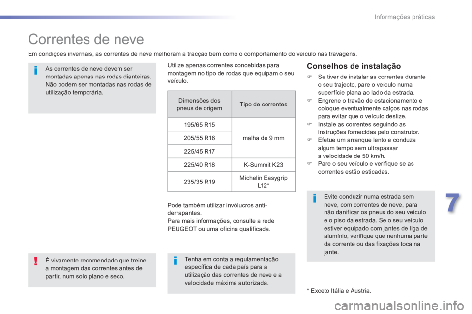 Peugeot 308 2015 Manual do proprietário (in Portuguese) 5
7
Informações práticas
Correntes de neve
Em condições invernais, as correntes de neve melhoram a tracção bem como o comportamento do veículo nas travagens.
As correntes d Peugeot 308 2015 Manual do proprietário (in Portuguese) 5
7
Informações práticas
Correntes de neve
Em condições invernais, as correntes de neve melhoram a tracção bem como o comportamento do veículo nas travagens.
As correntes d