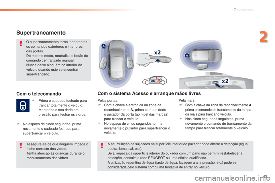 Peugeot 308 2015 Manual do proprietário (in Portuguese) 61
308_pt_Chap02_ouvertures_ed01-2015
Supertrancamento
O supertrancamento torna inoperantes
os comandos exteriores e interiores
das portas.
Do mesmo modo, neutraliza o botão do
comando centralizad Peugeot 308 2015 Manual do proprietário (in Portuguese) 61
308_pt_Chap02_ouvertures_ed01-2015
Supertrancamento
O supertrancamento torna inoperantes
os comandos exteriores e interiores
das portas.
Do mesmo modo, neutraliza o botão do
comando centralizad