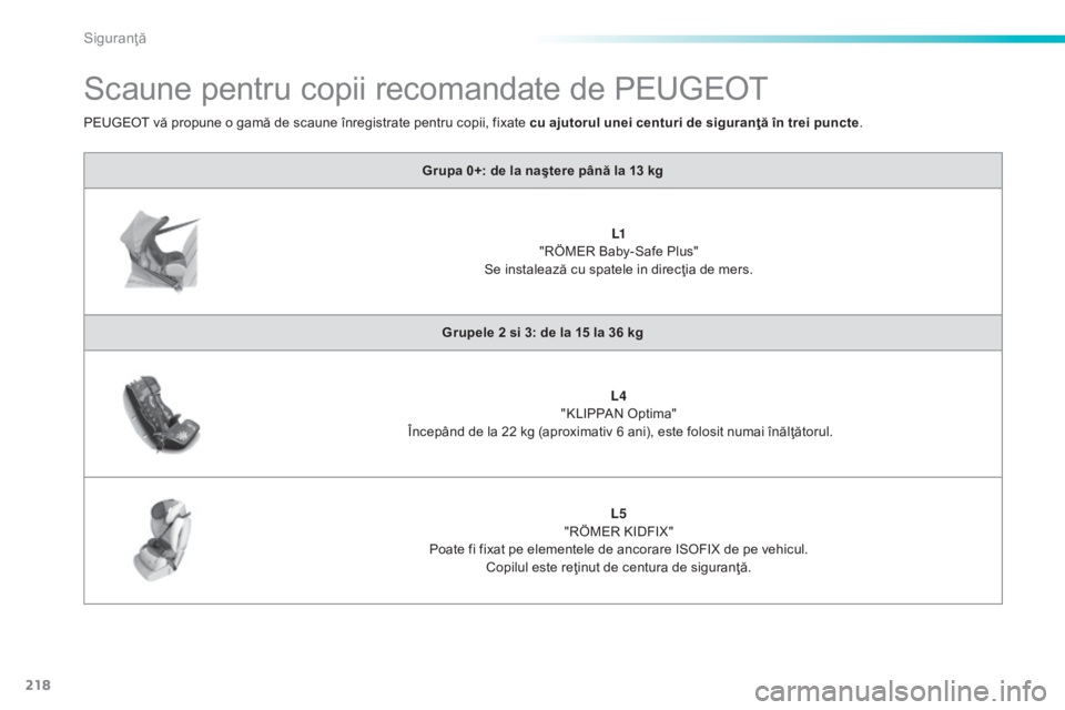 Peugeot 308 2015 Manualul de utilizare (in Romanian) 218
308_ro_Chap06_securite_ed01-2015
Scaune pentru copii recomandate de PEUGEOT
Grupa 0+: de la naştere până la 13 kgL1
"RÖMER Baby-Safe Plus"
Se instalează cu spatele in direcţia de me Peugeot 308 2015 Manualul de utilizare (in Romanian) 218
308_ro_Chap06_securite_ed01-2015
Scaune pentru copii recomandate de PEUGEOT
Grupa 0+: de la naştere până la 13 kgL1
"RÖMER Baby-Safe Plus"
Se instalează cu spatele in direcţia de me