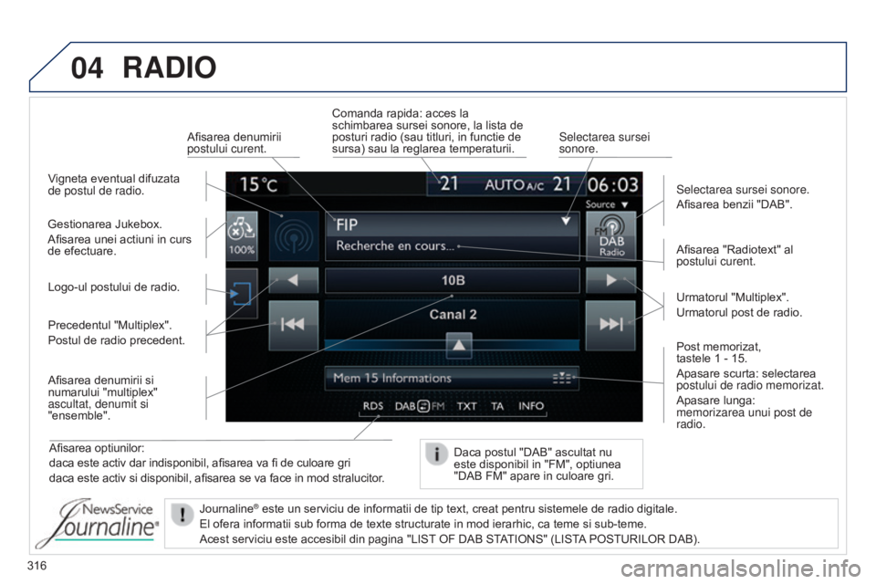 Peugeot 308 2015 Manualul de utilizare (in Romanian) 04
316
RADIO
Afisarea optiunilor:
daca este activ dar indisponibil, afisarea va fi de culoare gri
daca este activ si disponibil, afisarea se va face in mod stralucitor.Afisarea "Radiotext" al Peugeot 308 2015 Manualul de utilizare (in Romanian) 04
316
RADIO
Afisarea optiunilor:
daca este activ dar indisponibil, afisarea va fi de culoare gri
daca este activ si disponibil, afisarea se va face in mod stralucitor.Afisarea "Radiotext" al