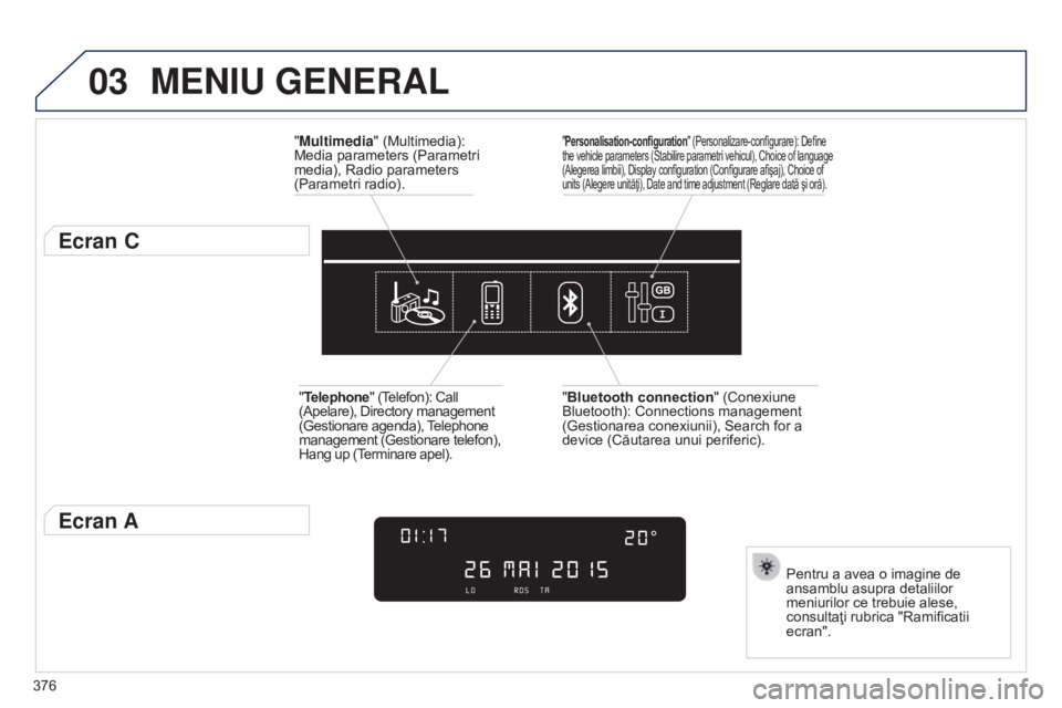 Peugeot 308 2015  Manualul de utilizare (in Romanian) 03
376
MENIU GENERAL
"Multimedia" (Multimedia): 
Media parameters (Parametri 
media), Radio parameters 
(Parametri radio).
Ecran C
Pentru a avea o imagine de 
ansamblu asupra detaliilor 
meniu
