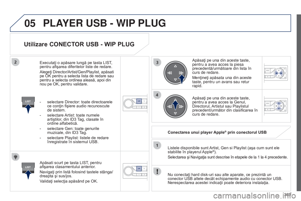 Peugeot 308 2015  Manualul de utilizare (in Romanian) 05
LIST
LIST
383
Utilizare CONECTOR USB - WIP PLUG
Apăsati scurt pe tasta LIST, pentru 
afişarea clasamentului anterior.
Navigaţi prin listă folosind tastele stânga/
dreapta şi sus/jos.
Validaţ