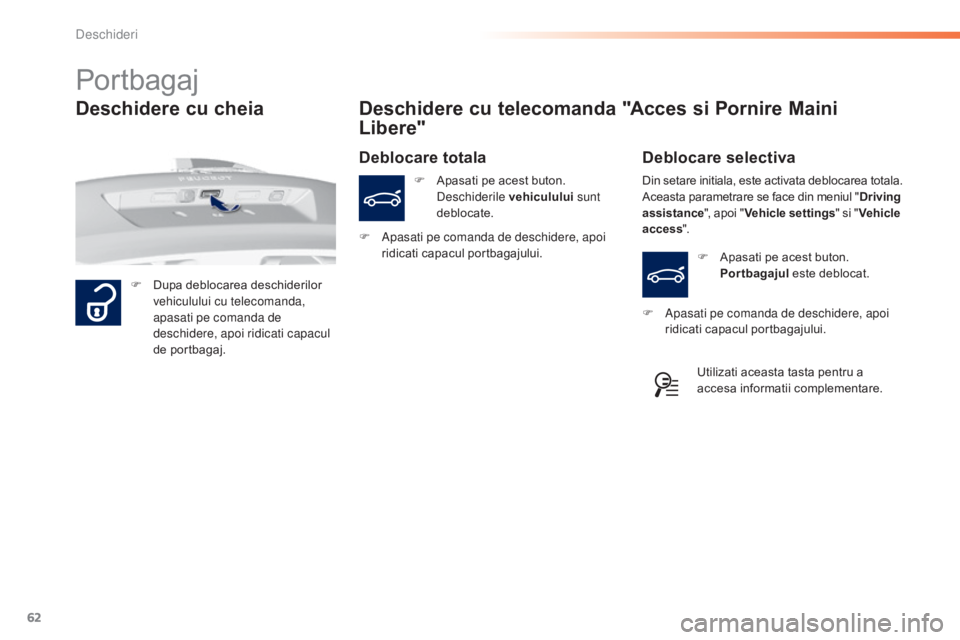 Peugeot 308 2015 Manualul de utilizare (in Romanian) 62
308_ro_Chap02_ouvertures_ed01-2015
Portbagaj
F Dupa deblocarea deschiderilor vehiculului cu telecomanda,
apasati pe comanda de
deschidere, apoi ridicati capacul
de portbagaj.
Deschidere cu telec Peugeot 308 2015 Manualul de utilizare (in Romanian) 62
308_ro_Chap02_ouvertures_ed01-2015
Portbagaj
F Dupa deblocarea deschiderilor vehiculului cu telecomanda,
apasati pe comanda de
deschidere, apoi ridicati capacul
de portbagaj.
Deschidere cu telec