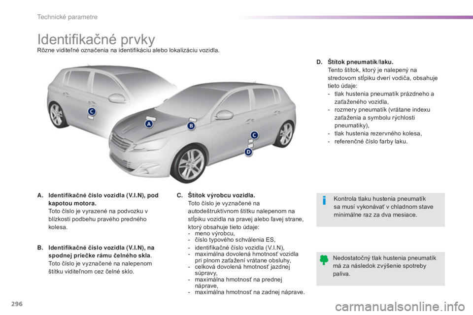 Peugeot 308 2015 Užívateľská príručka (in Slovak) 296
308_sk_Chap09_caracteristiques-techniques_ed01-2015
Identifikačné prvkyRôzne viditeľné označenia na identifikáciu alebo lokalizáciu vozidla.
A.
I
dentifikačné číslo vozidla ( V. I . N Peugeot 308 2015 Užívateľská príručka (in Slovak) 296
308_sk_Chap09_caracteristiques-techniques_ed01-2015
Identifikačné prvkyRôzne viditeľné označenia na identifikáciu alebo lokalizáciu vozidla.
A.
I
dentifikačné číslo vozidla ( V. I . N