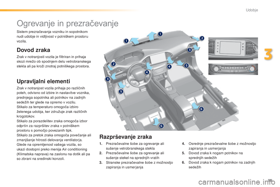 Peugeot 308 2015  Priročnik za lastnika (in Slovenian) 99
308_sl_Chap03_confort_ed01-2015
Ogrevanje in prezračevanje
Dovod zraka
Zrak v notranjosti vozila je filtriran in prihaja 
skozi mrežo ob spodnjem delu vetrobranskega 
stekla ali pa kroži znotraj