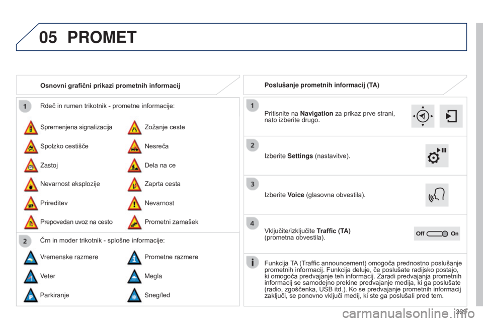 Peugeot 308 2015 Priročnik za lastnika (in Slovenian) 05
339
Rdeč in rumen trikotnik - prometne informacije:
Spremenjena signalizacija
Nevarnost eksplozije Zožanje ceste
Zaprta cesta
Spolzko cestišče
Prireditev Nesreča
Nevarnost
Zastoj
Prepovedan uv Peugeot 308 2015 Priročnik za lastnika (in Slovenian) 05
339
Rdeč in rumen trikotnik - prometne informacije:
Spremenjena signalizacija
Nevarnost eksplozije Zožanje ceste
Zaprta cesta
Spolzko cestišče
Prireditev Nesreča
Nevarnost
Zastoj
Prepovedan uv