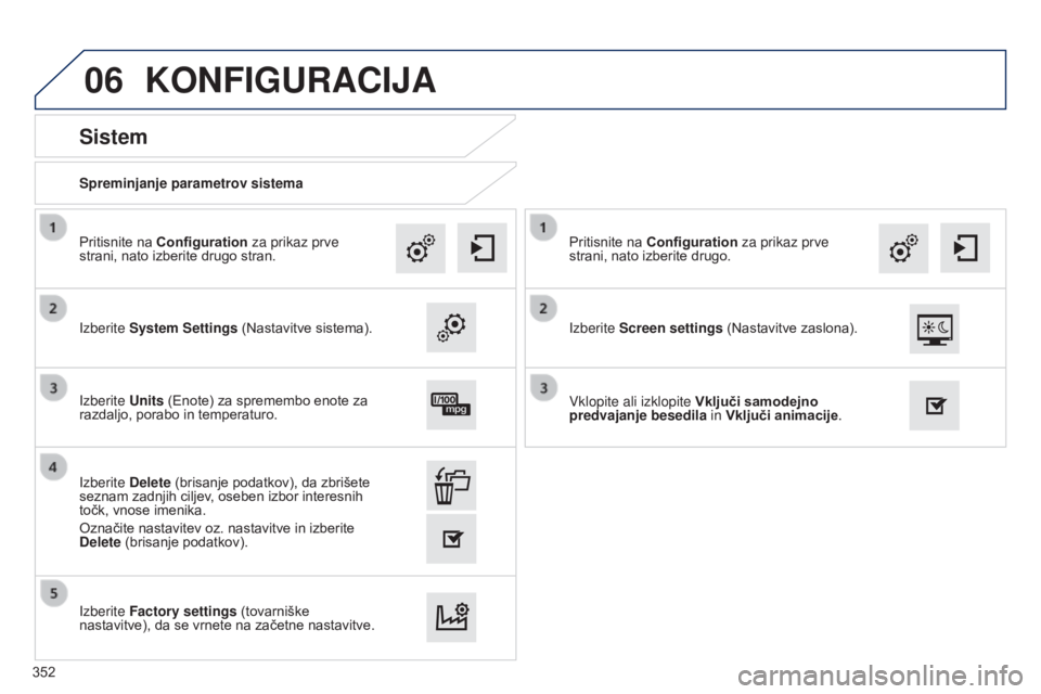 Peugeot 308 2015  Priročnik za lastnika (in Slovenian) 06
Spreminjanje parametrov sistema
Sistem
Izberite System Settings (Nastavitve sistema). Pritisnite na Configuration za prikaz prve 
strani, nato izberite drugo stran.
Izberite Units (Enote) za spreme