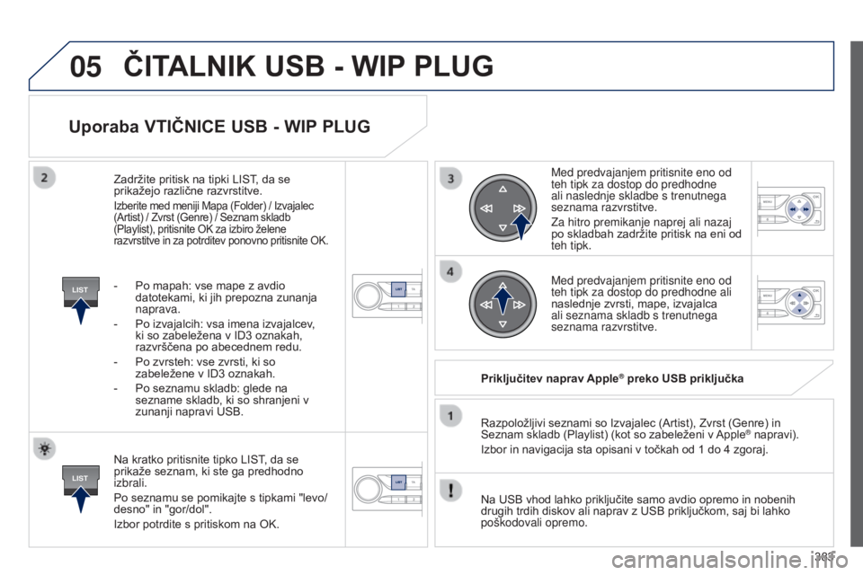 Peugeot 308 2015 Priročnik za lastnika (in Slovenian) 05
LIST
LIST
383
Uporaba VTIČNICE USB - WIP PLUG
Na kratko pritisnite tipko LIST, da se
prikaže seznam, ki ste ga predhodno
izbrali.
Po seznamu se pomikajte s tipkami "levo/
desno" in " Peugeot 308 2015 Priročnik za lastnika (in Slovenian) 05
LIST
LIST
383
Uporaba VTIČNICE USB - WIP PLUG
Na kratko pritisnite tipko LIST, da se
prikaže seznam, ki ste ga predhodno
izbrali.
Po seznamu se pomikajte s tipkami "levo/
desno" in "