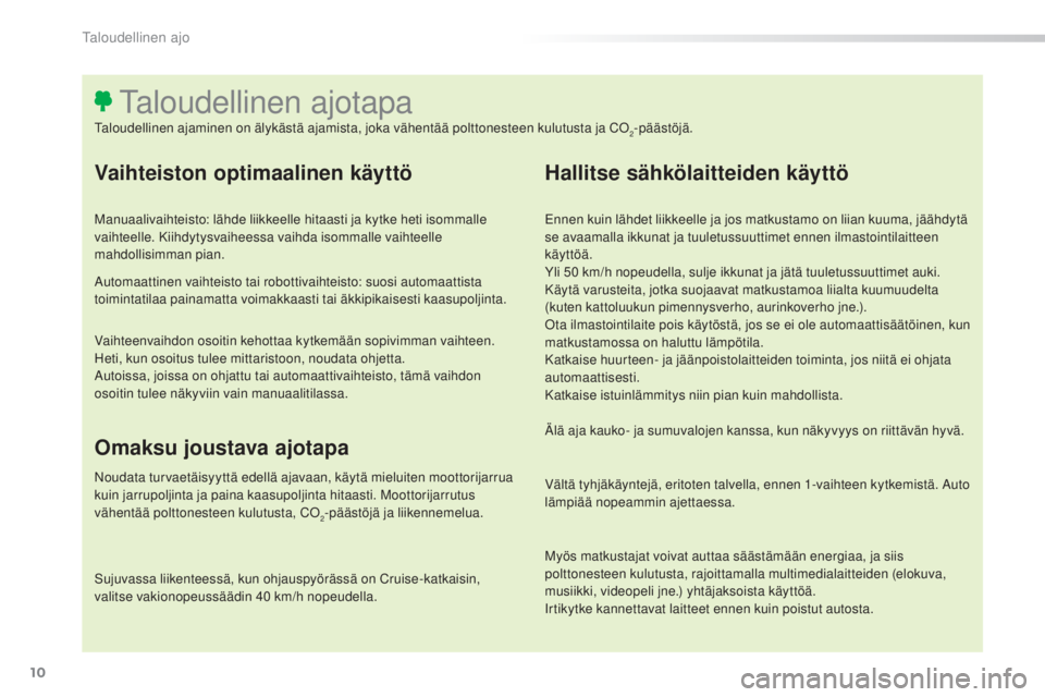 Peugeot 308 2015  Omistajan käsikirja (in Finnish) 10
308_fi_Chap00c_eco-conduite_ed01-2015
Vaihteiston optimaalinen käyttö
Manuaalivaihteisto: lähde liikkeelle hitaasti ja kytke heti isommalle 
vaihteelle. Kiihdytysvaiheessa vaihda isommalle vaiht