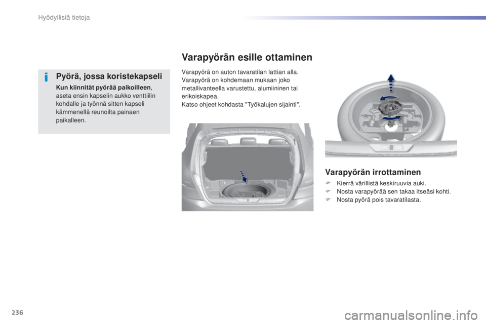 Peugeot 308 2015 Omistajan käsikirja (in Finnish) 236
308_fi_Chap07_info-pratiques_ed01-2015
Pyörä, jossa koristekapseli
Kun kiinnität pyörää paikoilleen,
aseta ensin kapselin aukko venttiilin
kohdalle ja työnnä sitten kapseli
kämmenellä Peugeot 308 2015 Omistajan käsikirja (in Finnish) 236
308_fi_Chap07_info-pratiques_ed01-2015
Pyörä, jossa koristekapseli
Kun kiinnität pyörää paikoilleen,
aseta ensin kapselin aukko venttiilin
kohdalle ja työnnä sitten kapseli
kämmenellä
