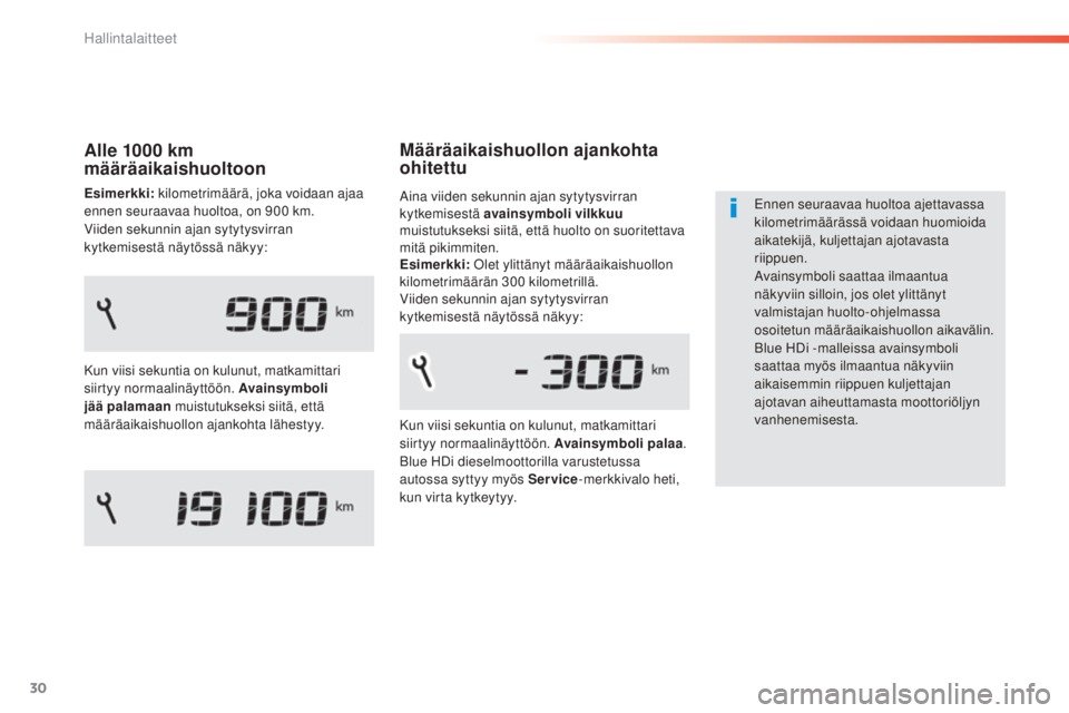 Peugeot 308 2015  Omistajan käsikirja (in Finnish) 30
308_fi_Chap01_controle-de-marche_ed01-2015
Määräaikaishuollon ajankohta 
ohitettu
Ennen seuraavaa huoltoa ajettavassa 
kilometrimäärässä voidaan huomioida 
aikatekijä, kuljettajan ajotavast