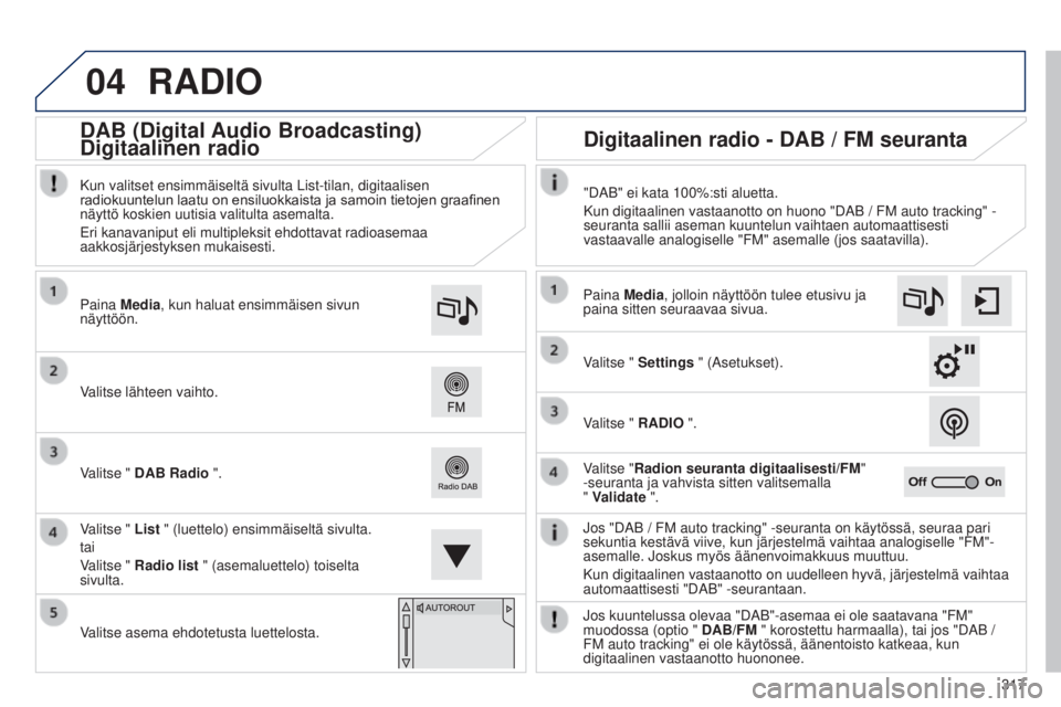 Peugeot 308 2015 Omistajan käsikirja (in Finnish) 04
317
RADIO
Jos "DAB / FM auto tracking" -seuranta on käytössä, seuraa pari\
sekuntia kestävä viive, kun järjestelmä vaihtaa analogiselle\
"FM"-
asemalle. Joskus myös ään Peugeot 308 2015 Omistajan käsikirja (in Finnish) 04
317
RADIO
Jos "DAB / FM auto tracking" -seuranta on käytössä, seuraa pari\
sekuntia kestävä viive, kun järjestelmä vaihtaa analogiselle\
"FM"-
asemalle. Joskus myös ään