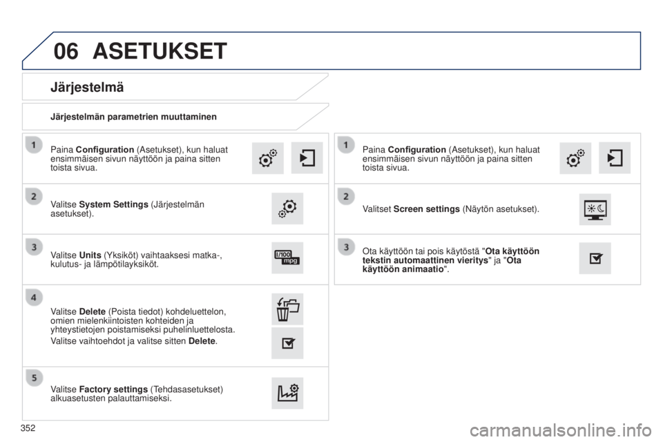 Peugeot 308 2015  Omistajan käsikirja (in Finnish) 06
Järjestelmän parametrien muuttaminen
Järjestelmä
Valitse System Settings (Järjestelmän 
asetukset). Paina Configuration (Asetukset), kun haluat 
ensimmäisen sivun näyttöön ja paina sitten