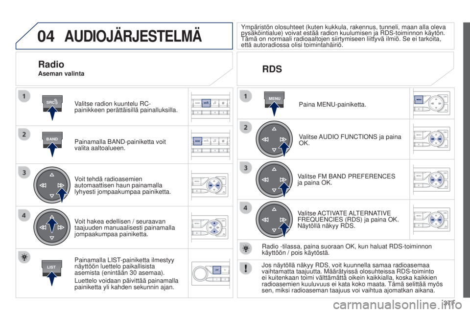 Peugeot 308 2015 Omistajan käsikirja (in Finnish) 04
SRC
BAND
LIST
MENU
377
AUDIOJÄRJESTELMÄ
Valitse radion kuuntelu RC-
painikkeen perättäisillä painalluksilla.
Painamalla BAND-painiketta voit
valita aaltoalueen.
Voit tehdä radioasemien
auto Peugeot 308 2015 Omistajan käsikirja (in Finnish) 04
SRC
BAND
LIST
MENU
377
AUDIOJÄRJESTELMÄ
Valitse radion kuuntelu RC-
painikkeen perättäisillä painalluksilla.
Painamalla BAND-painiketta voit
valita aaltoalueen.
Voit tehdä radioasemien
auto