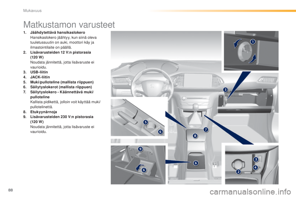 Peugeot 308 2015  Omistajan käsikirja (in Finnish) 88
308_fi_Chap03_confort_ed01-2015
Matkustamon varusteet
1. Jäähdytettävä hansikaslokero  H
ansikaslokero jäähtyy, kun siinä oleva 
tuuletussuutin on auki, moottori käy ja 
ilmastointilaite on