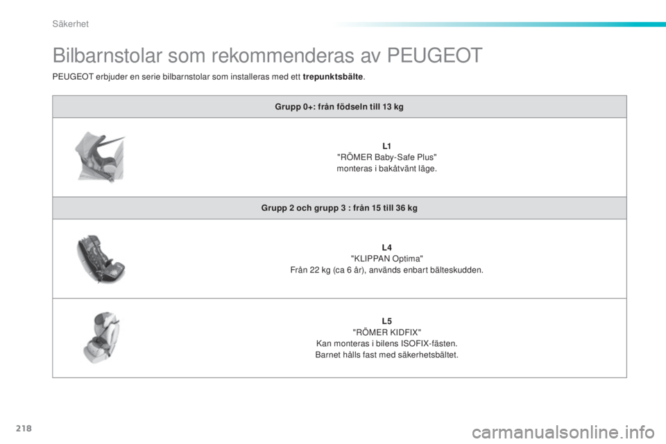 Peugeot 308 2015  Ägarmanual (in Swedish) 218
308_sv_Chap06_securite_ed01-2015
Bilbarnstolar som rekommenderas av PEUGEOT
Grupp 0+: från födseln till 13 kg
L1
 "

RÖMER Baby-Safe Plus" 
monteras i bakåtvänt läge.
Grupp 2
  och g