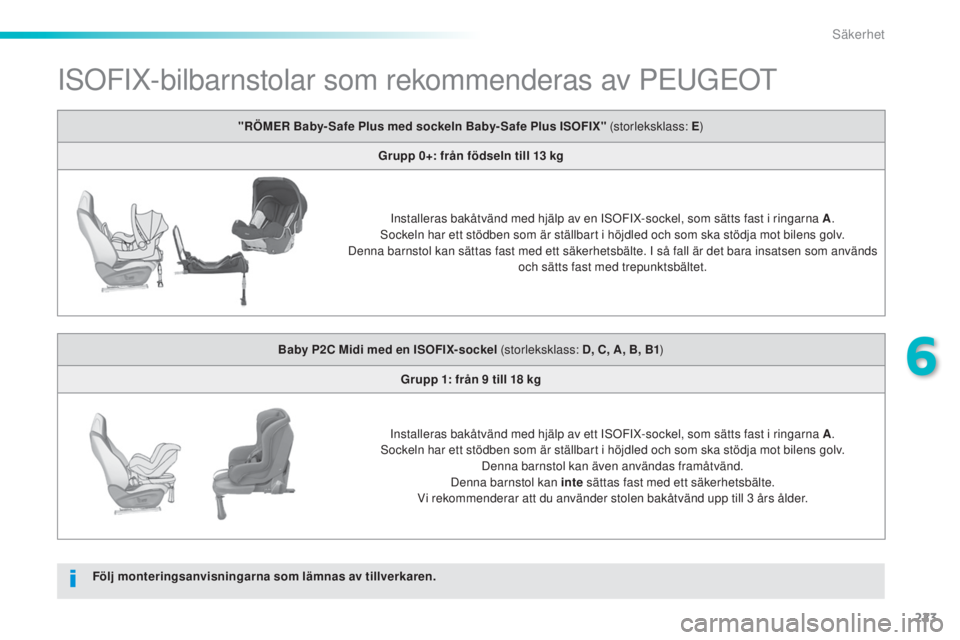 Peugeot 308 2015  Ägarmanual (in Swedish) 223
308_sv_Chap06_securite_ed01-2015
ISOFIX-bilbarnstolar som rekommenderas av PEUGEOT
Följ monteringsanvisningarna som lämnas av tillverkaren."RÖMER Baby- Safe Plus med sockeln Baby- Safe Plus