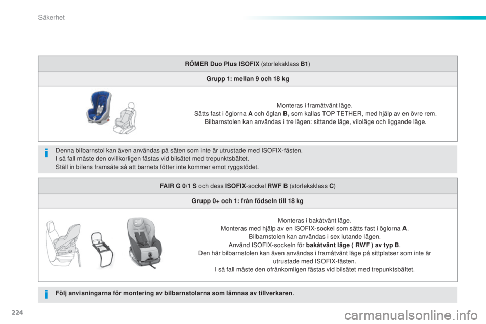 Peugeot 308 2015  Ägarmanual (in Swedish) 224
308_sv_Chap06_securite_ed01-2015
Denna bilbarnstol kan även användas på säten som inte är utrustade med ISOFIX-fästen.
I så fall måste den ovillkorligen fästas vid bilsätet med trepunkts