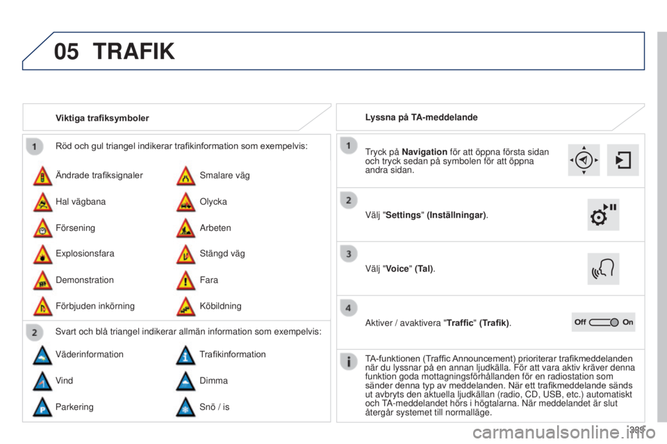 Peugeot 308 2015 Ägarmanual (in Swedish) 05
339
Röd och gul triangel indikerar trafikinformation som exempelvis:
Ändrade trafiksignaler
Explosionsfara Smalare väg
Stängd väg
Hal vägbana
Demonstration Olycka
Fara
Försening
Förbjuden i Peugeot 308 2015 Ägarmanual (in Swedish) 05
339
Röd och gul triangel indikerar trafikinformation som exempelvis:
Ändrade trafiksignaler
Explosionsfara Smalare väg
Stängd väg
Hal vägbana
Demonstration Olycka
Fara
Försening
Förbjuden i