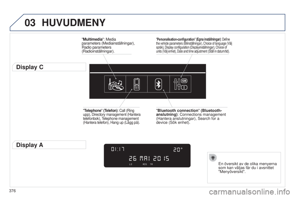Peugeot 308 2015 Ägarmanual (in Swedish) 03
376
HUVUDMENY
"Multimedia": Media
parameters (Mediainställningar),
Radio parameters
(Radioinställningar).
Display C
En översikt av de olika menyerna
som kan väljas får du i avsnitt Peugeot 308 2015 Ägarmanual (in Swedish) 03
376
HUVUDMENY
"Multimedia": Media
parameters (Mediainställningar),
Radio parameters
(Radioinställningar).
Display C
En översikt av de olika menyerna
som kan väljas får du i avsnitt
