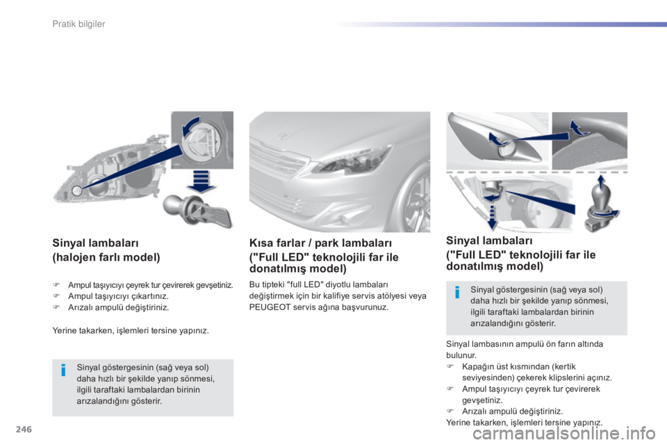 Peugeot 308 2015  Kullanım Kılavuzu (in Turkish) 246
308_tr_Chap07_info-pratiques_ed01-2015
Yerine takarken, işlemleri tersine yapınız.
Sinyal lambaları
(halojen farlı model)
Sinyal göstergesinin (sağ veya sol) 
daha hızlı bir şekilde yan