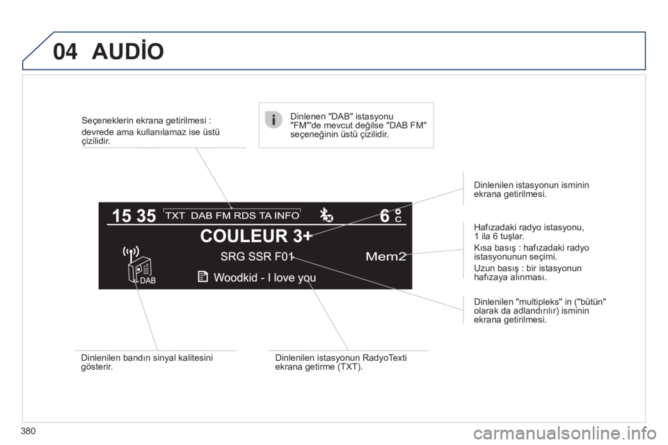 Peugeot 308 2015 Kullanım Kılavuzu (in Turkish) 04
380Seçeneklerin ekrana getirilmesi :
devrede ama kullanılamaz ise üstü
çizilidir.
Hafızadaki radyo istasyonu,
1 ila 6 tuşlar.
Kısa basış : hafızadaki radyo
istasyonunun seçimi.
Peugeot 308 2015 Kullanım Kılavuzu (in Turkish) 04
380Seçeneklerin ekrana getirilmesi :
devrede ama kullanılamaz ise üstü
çizilidir.
Hafızadaki radyo istasyonu,
1 ila 6 tuşlar.
Kısa basış : hafızadaki radyo
istasyonunun seçimi.