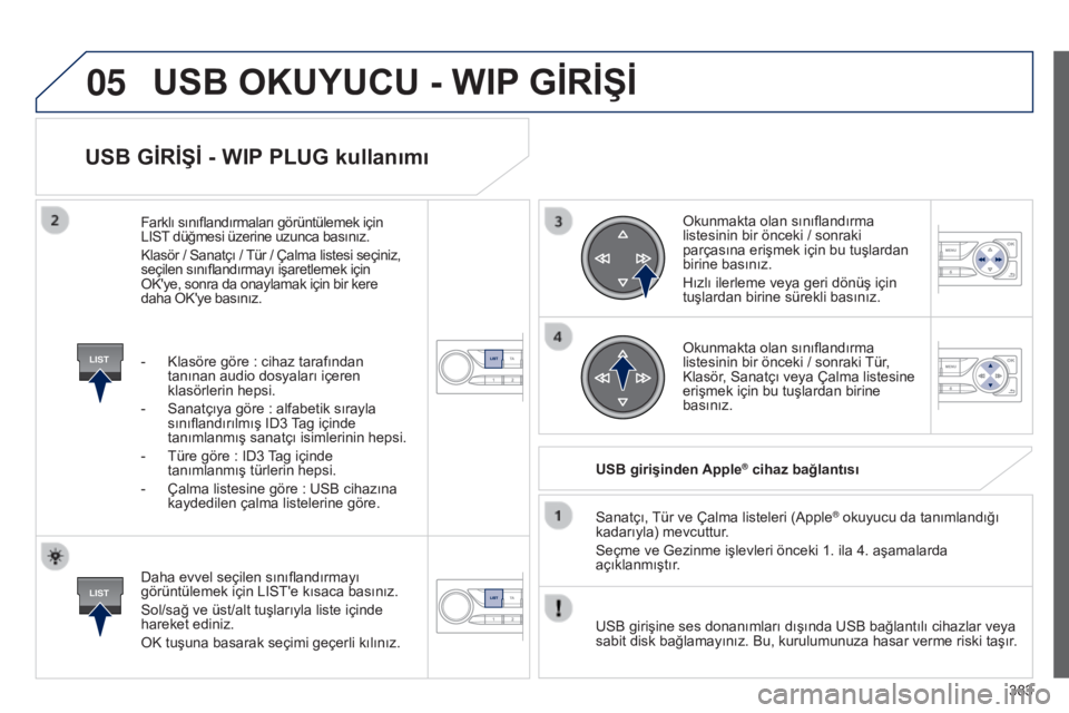 Peugeot 308 2015 Kullanım Kılavuzu (in Turkish) 05
LIST
LIST
383
USB GİRİŞİ - WIP PLUG kullanımı
Daha evvel seçilen sınıflandırmayı
görüntülemek için LIST'e kısaca basınız.
Sol/sağ ve üst/alt tuşlarıyla liste içinde
har Peugeot 308 2015 Kullanım Kılavuzu (in Turkish) 05
LIST
LIST
383
USB GİRİŞİ - WIP PLUG kullanımı
Daha evvel seçilen sınıflandırmayı
görüntülemek için LIST'e kısaca basınız.
Sol/sağ ve üst/alt tuşlarıyla liste içinde
har
