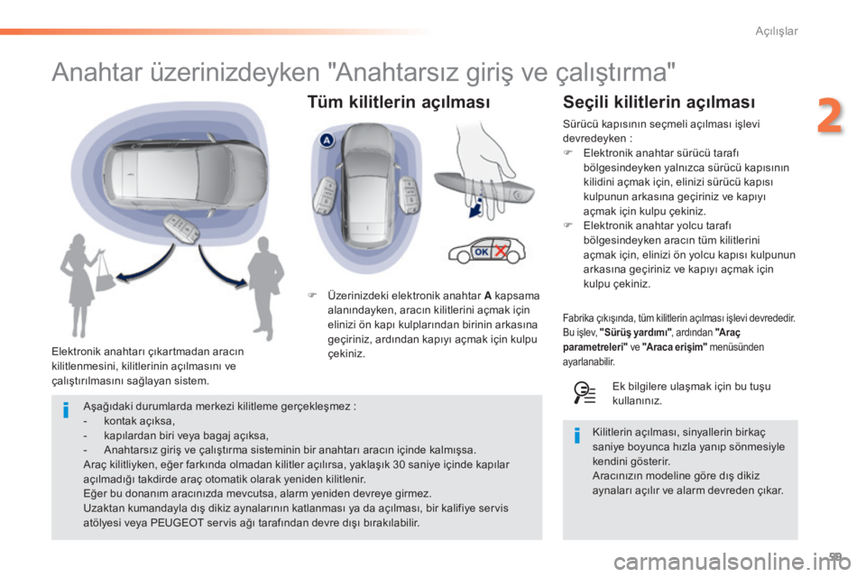 Peugeot 308 2015 Kullanım Kılavuzu (in Turkish) 59
308_tr_Chap02_ouvertures_ed01-2015
Tüm kilitlerin açılması
Anahtar üzerinizdeyken "Anahtarsız giriş ve çalıştırma"
Elektronik anahtarı çıkartmadan aracın
kilitlenmesini, kil Peugeot 308 2015 Kullanım Kılavuzu (in Turkish) 59
308_tr_Chap02_ouvertures_ed01-2015
Tüm kilitlerin açılması
Anahtar üzerinizdeyken "Anahtarsız giriş ve çalıştırma"
Elektronik anahtarı çıkartmadan aracın
kilitlenmesini, kil