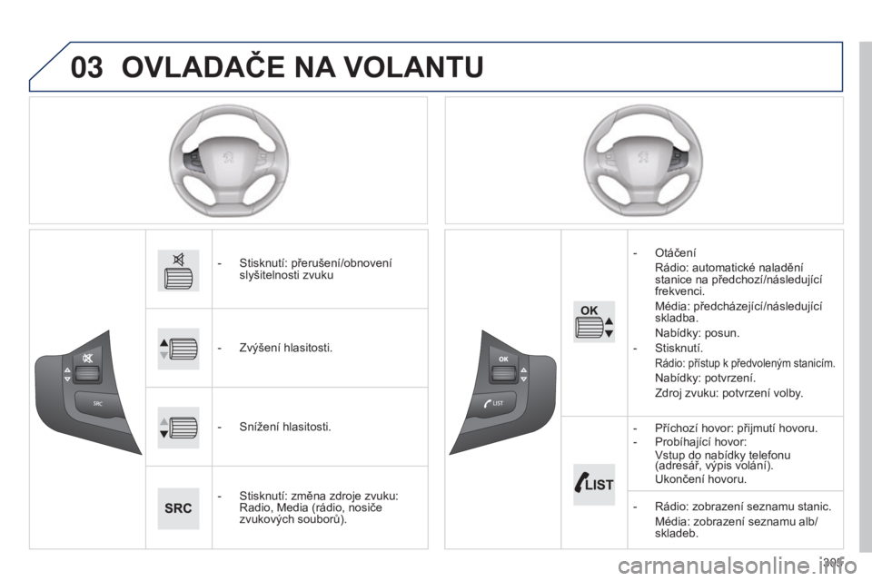 Peugeot 308 2015  Návod k obsluze (in Czech) 03
305
OVLADAČE NA VOLANTU
- Stisknutí: přerušení/obnovení 
slyšitelnosti zvuku
-
 
Zvýšení hlasitosti.
-

 
Snížení hlasitosti.
-

 
Stisknutí: změna zdroje zvuku: 
Radio, Media (rádi