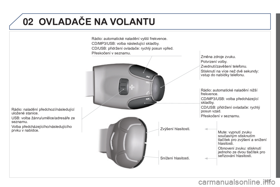Peugeot 308 2015 Návod k obsluze (in Czech) 02
375
OVLADAČE NA VOLANTU
Rádio: naladění předchozí/následující
uložené stanice.
USB: volba žánru/umělce/adresáře ze
seznamu.
Volba předcházejícího/následujícího
prvku v n Peugeot 308 2015 Návod k obsluze (in Czech) 02
375
OVLADAČE NA VOLANTU
Rádio: naladění předchozí/následující
uložené stanice.
USB: volba žánru/umělce/adresáře ze
seznamu.
Volba předcházejícího/následujícího
prvku v n