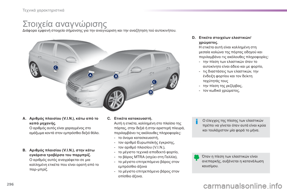 Peugeot 308 2015  Εγχειρίδιο χρήσης (in Greek) 296
308_el_Chap09_caracteristiques-techniques_ed01-2015
Στοιχεία αναγνώρισηςΔιάφορα εμφανή στοιχεία σήμανσης για την αναγ νώριση και 