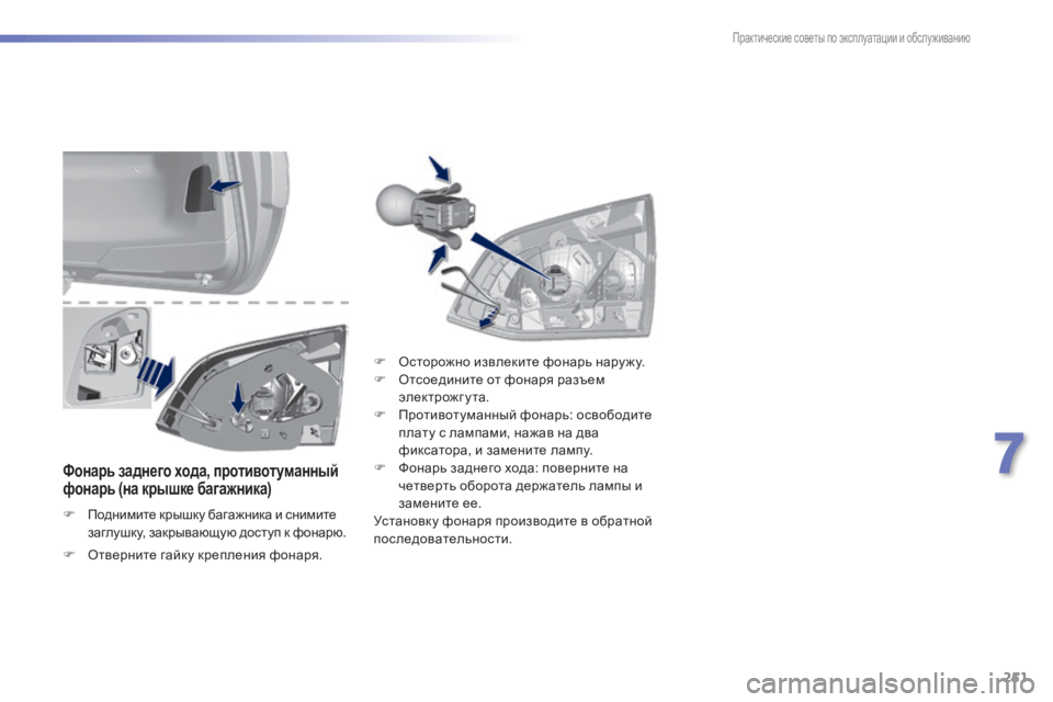 Peugeot 308 2015 Инструкция по эксплуатации (in Russian) 251
308_ru_Chap07_info-pratiques_ed01-2015
Фонарь заднего хода, противотуманный
фонарь (на крышке багажника)
F Поднимите крышку Peugeot 308 2015 Инструкция по эксплуатации (in Russian) 251
308_ru_Chap07_info-pratiques_ed01-2015
Фонарь заднего хода, противотуманный
фонарь (на крышке багажника)
F Поднимите крышку