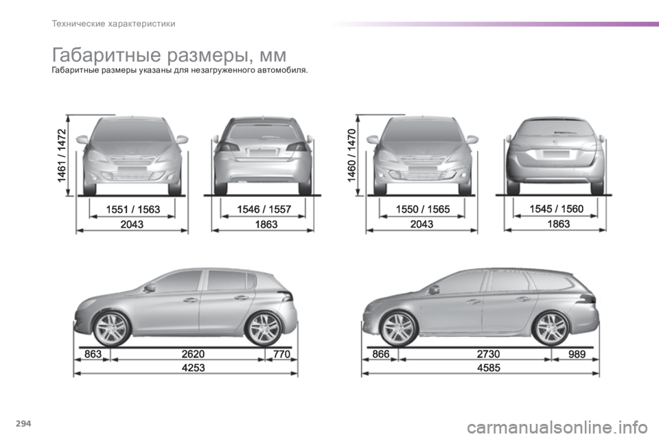 Peugeot 308 2015 Инструкция по эксплуатации (in Russian) 294
308_ru_Chap09_caracteristiques-techniques_ed01-2015
Габаритные размеры, ммГабаритные размеры указаны для незагру женного автомоб Peugeot 308 2015 Инструкция по эксплуатации (in Russian) 294
308_ru_Chap09_caracteristiques-techniques_ed01-2015
Габаритные размеры, ммГабаритные размеры указаны для незагру женного автомоб