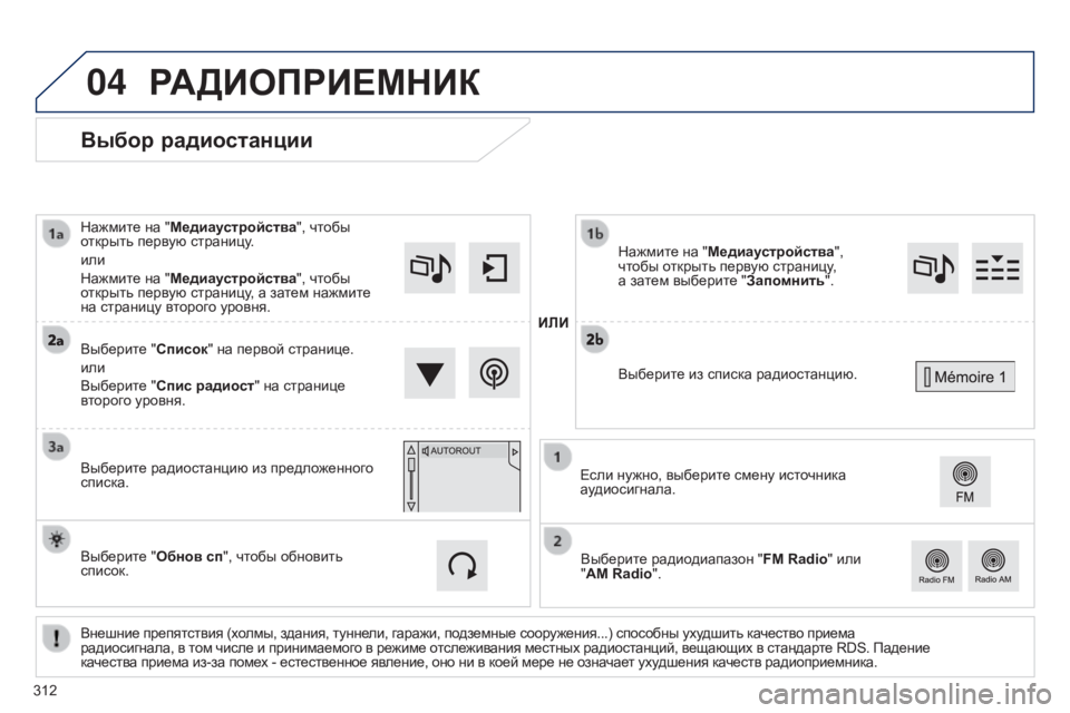 Peugeot 308 2015 Инструкция по эксплуатации (in Russian) 04
Выбор радиостанции
Внешние препятствия (холмы, здания, туннели, гаражи, подземные сооружения...) способны ух Peugeot 308 2015 Инструкция по эксплуатации (in Russian) 04
Выбор радиостанции
Внешние препятствия (холмы, здания, туннели, гаражи, подземные сооружения...) способны ух