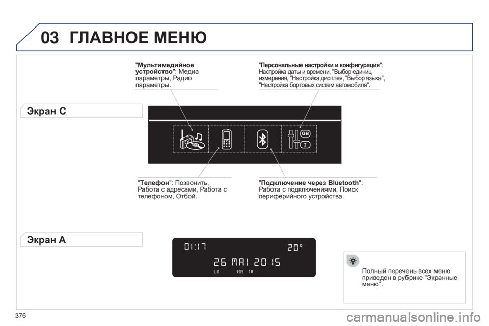 Peugeot 308 2015 Инструкция по эксплуатации (in Russian) 03
376
ГЛАВНОЕ МЕН ю
"Мультимедийное
устройство": Медиа
параметры, Радио
параметры.
Экран С
Полный перечен Peugeot 308 2015 Инструкция по эксплуатации (in Russian) 03
376
ГЛАВНОЕ МЕН ю
"Мультимедийное
устройство": Медиа
параметры, Радио
параметры.
Экран С
Полный перечен