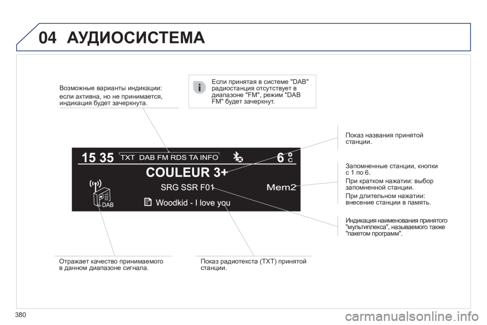 Peugeot 308 2015 Инструкция по эксплуатации (in Russian) 04
380Возможные варианты индикации:
если активна, но не принимается,
индикация будет зачеркнута.
Запомненные с Peugeot 308 2015 Инструкция по эксплуатации (in Russian) 04
380Возможные варианты индикации:
если активна, но не принимается,
индикация будет зачеркнута.
Запомненные с