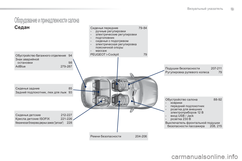 Peugeot 308 2015  Инструкция по эксплуатации (in Russian) 5
308_ru_Chap00b_aide-visuelle_ed01-2015
Оборудование и принадлежности салона
Обустройство багажного отделения 94
Знак аварийн