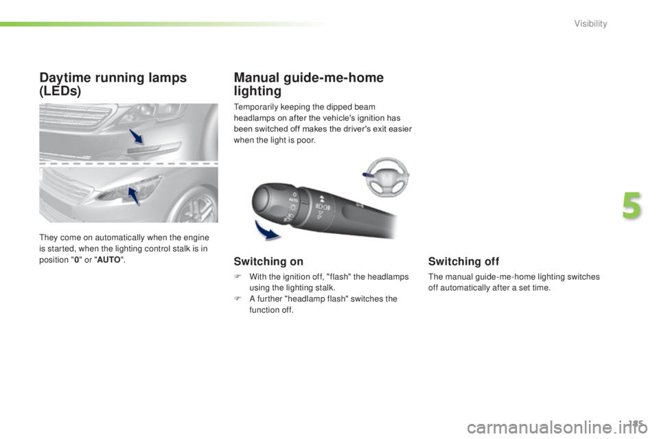 Peugeot 308 2014.5  Owners Manual - RHD (UK, Australia) 185
Daytime running lamps 
(LEDs)
they come on automatically when the engine 
is started, when the lighting control stalk is in 
position "0" or " AUTO ".
tem
 porarily keeping the dip