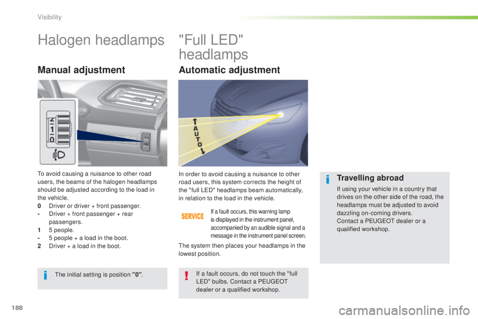 Peugeot 308 2014.5  Owners Manual - RHD (UK, Australia) 188
Halogen headlamps"Full LeD " 
headlamps
Manual adjustment
If a fault occurs, this warning lamp 
is displayed in the instrument panel, 
accompanied by an audible signal and a 
message in th