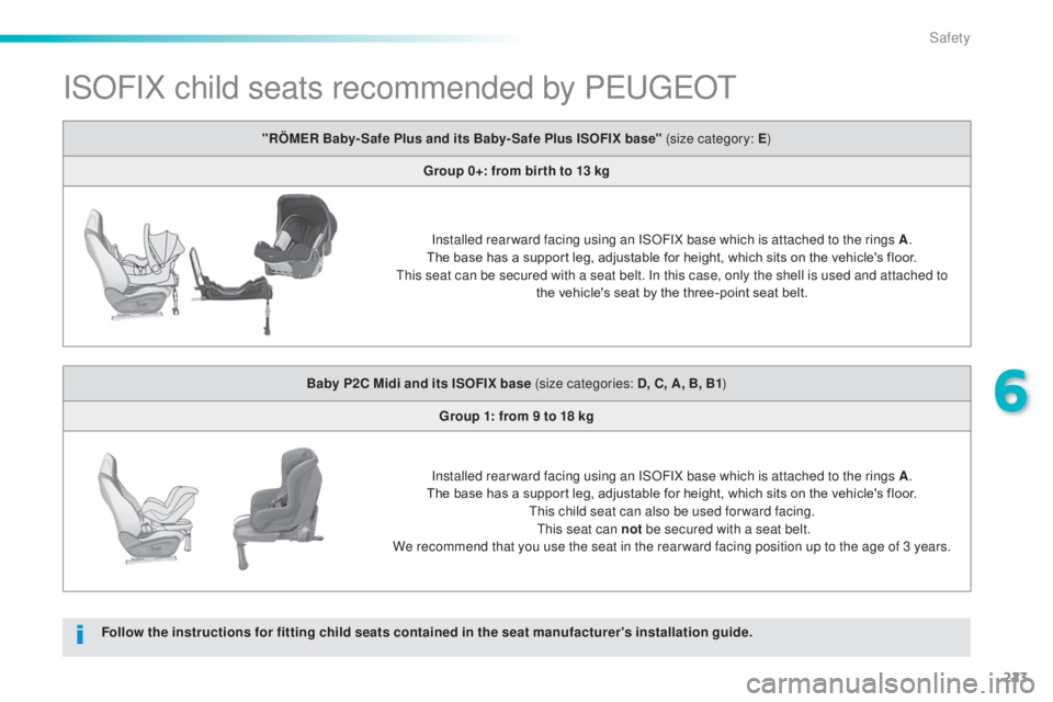 Peugeot 308 2014.5  Owners Manual - RHD (UK, Australia) 223
ISOFIX child seats recommended by PeugeOt
Follow the instructions for fitting child seats contained in the seat manufacturer's installation guide."RÖMER Baby- Safe Plus and its Baby- Safe