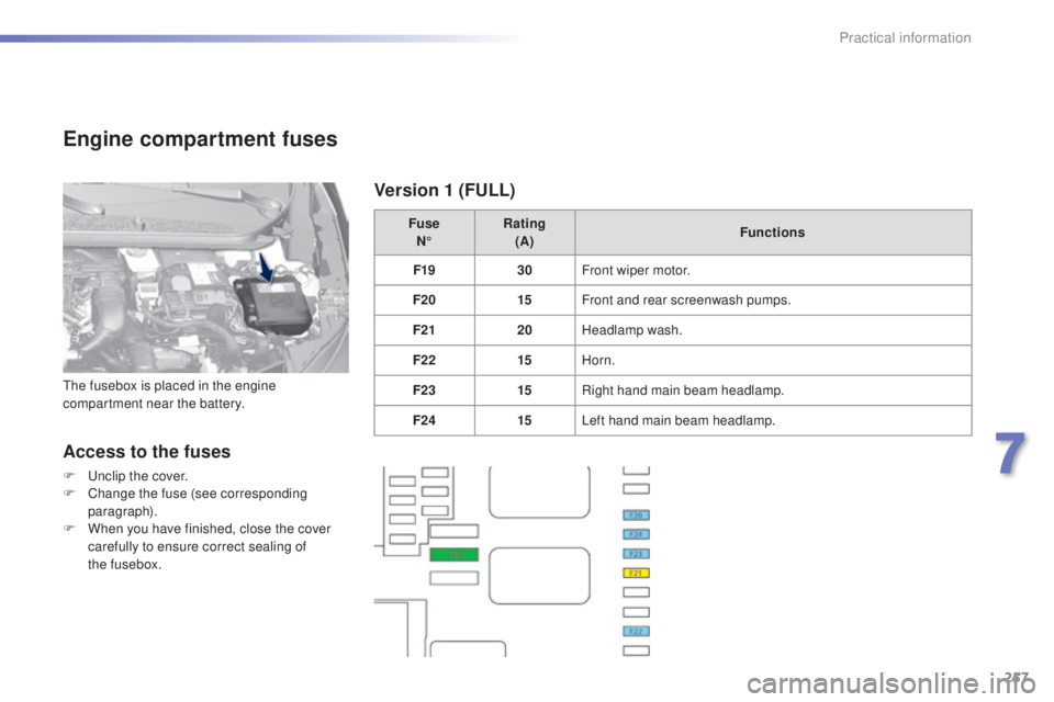 Peugeot 308 2014.5  Owners Manual - RHD (UK, Australia) 257
Engine compartment fuses
Access to the fuses
F  unclip the cover.
F C hange the fuse (see corresponding 
paragraph).
F
 
W
 hen you have finished, close the cover 
carefully to ensure correct seal