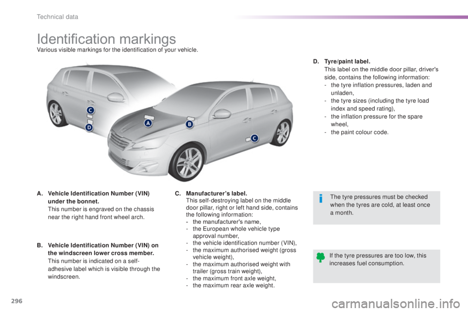 Peugeot 308 2014.5  Owners Manual - RHD (UK, Australia) 296
Identification markingsVarious visible markings for the identification of your vehicle.
A.
 V
ehicle Identification Number (VIN) 
under the bonnet.  
 

t
h
 is number is engraved on the chassis 
