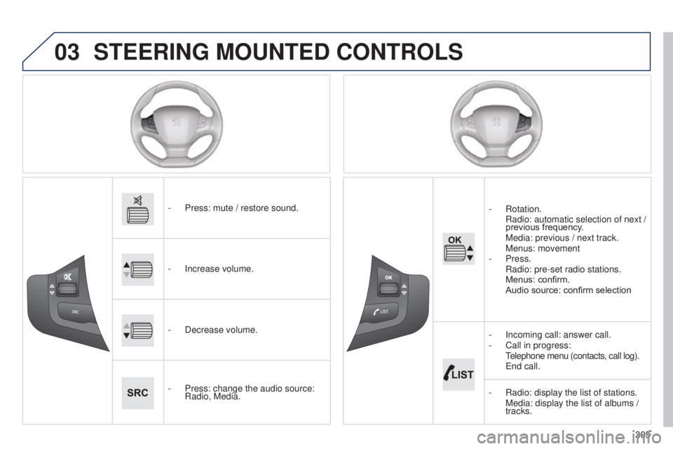 Peugeot 308 2014.5  Owners Manual - RHD (UK, Australia) 03
305
STEERING MOUNTED CONTROLS
- Press: mute / restore sound.
-  
Increase volume.
-

 
Decrease volume.
-

 
Press: change the audio source: 
Radio, Media. -

  Rotation.
 Radio: 

automatic select