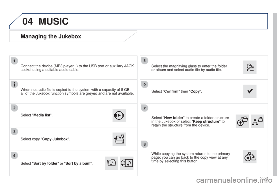 Peugeot 308 2014.5  Owners Manual - RHD (UK, Australia) 04
323
Select "New folder" to create a folder structure 
in the Jukebox or select "
Keep structure" to 
retain the structure from the device. Select the magnifying glass to enter the f