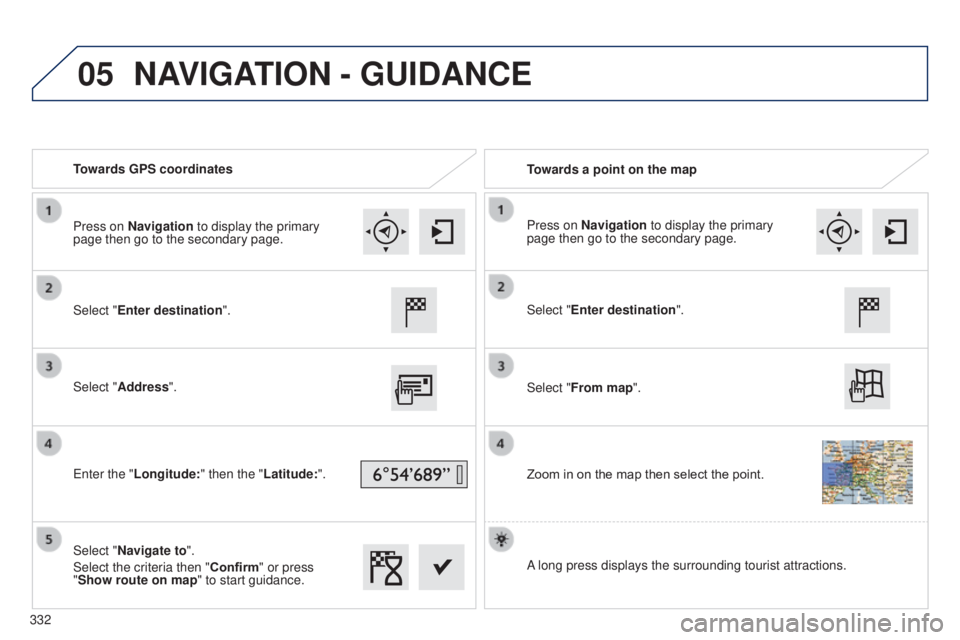 Peugeot 308 2014.5  Owners Manual - RHD (UK, Australia) 05
Towards GPS coordinatesTowards a point on the map
Select "Enter destination".
Select "Address".
e

nter the "Longitude: " then the "Latitude:".
Select "Navigate 