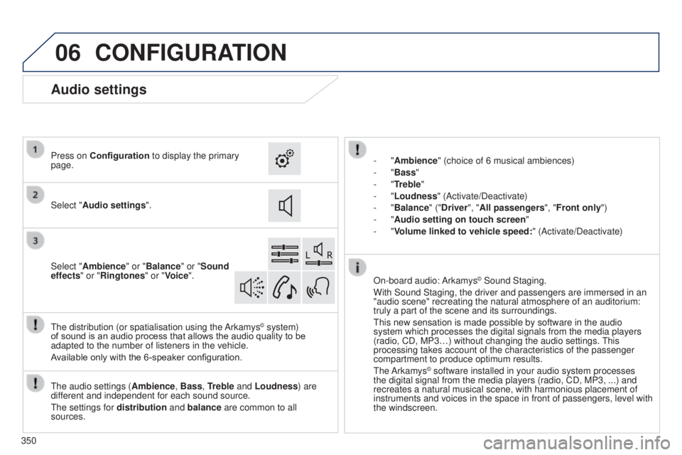 Peugeot 308 2014.5  Owners Manual - RHD (UK, Australia) 06CONFIGURATION
- "Ambience" (choice of 6 musical ambiences)
-   "Bass "
-
  "Treble"
-
  "Loudness" (Activate/Deactivate)
-
  "Balance" ("Driver ", 